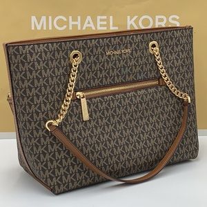 MICHAEL KORS Jet Set Metallic Logo Chain Tote Bag Brown Signature Gold